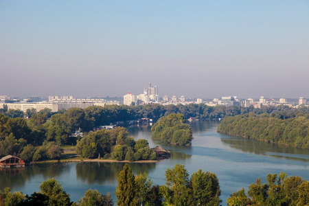 View on the city center and the junction of the River Sava and the Danube in Kalemegdan Park, Belgrade, Serbia.のeditorial素材