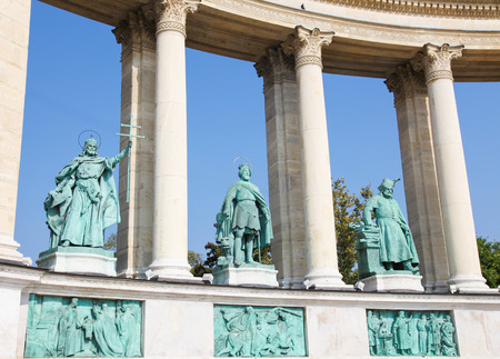 Statues of the Medieval Hungarian Kings Saint Stephen, Saint Ladislaus and Coloman the Learned, in Heroes Square or Hosok Tere in Budapest, Hungary.のeditorial素材
