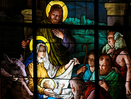 Nativity Scene at Christmas. Stained glass window in the German Church in Gamla Stan in Stockholm.