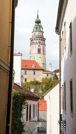 Famous Castle Tower in the city Cesky Krumlov in South Bohemia, Czech Republic.のeditorial素材