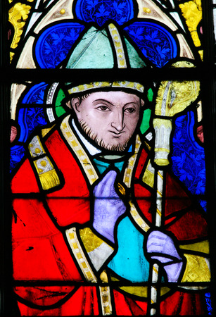 Stained Glass window in the Church of Braine-le-Chateau, Wallonia, Belgium, depicting Saint Nicholas of Bari (Sinterklaas).のeditorial素材