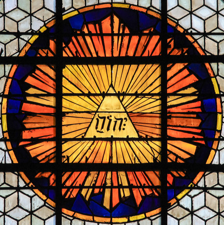 Stained Glass in Church of Saint-Germain-des-Pres in Paris, depicting the tetragrammaton, the Hebrew...