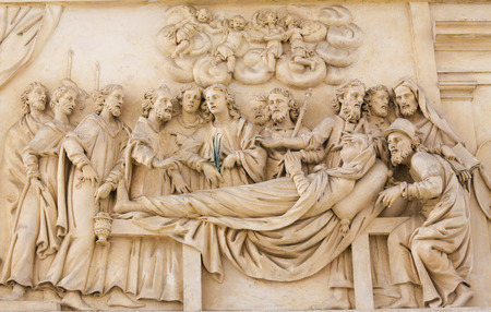 Sculpture of the Death of Mother Mary at the Santa Casa of Loreta, a large pilgrimage destination in Hradcany, Prague, Czech Republicのeditorial素材