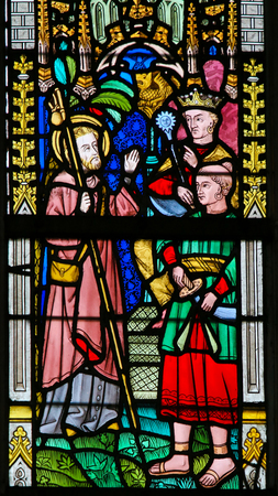 Stained Glass window depicting Saint Francis Xavier, a famous jesuit missionary, in the Cathedral of Saint Bavo in Ghent, Flanders, Belgium.のeditorial素材