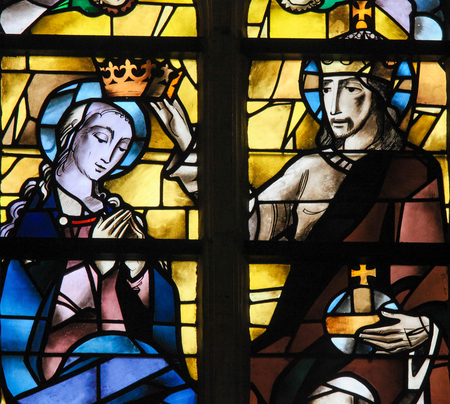 Stained Glass in the Church of Tervuren, Belgium, depicting Jesus Christ and Mother Maryのeditorial素材