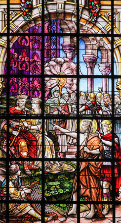 Stained Glass in Beguinage Church of Brussels, Belgium, depicting Saint John the Baptist standing before Herod II and Herodiasのeditorial素材