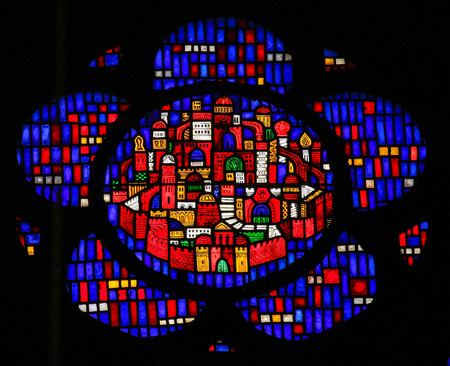 Stained Glass in Wormser Dom in Worms, Germany, depicting the New Jerusalem, capital of the Messianic Kingdom.のeditorial素材