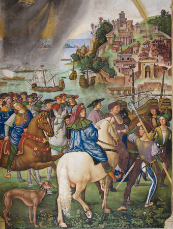 Frescoes (1502) in Piccolomini Library in Siena Cathedral, Tuscany, Italy, by Pinturicchio depicting Pope Pius II leaving for the Council of Basel. The storm scene is a first in western art.のeditorial素材