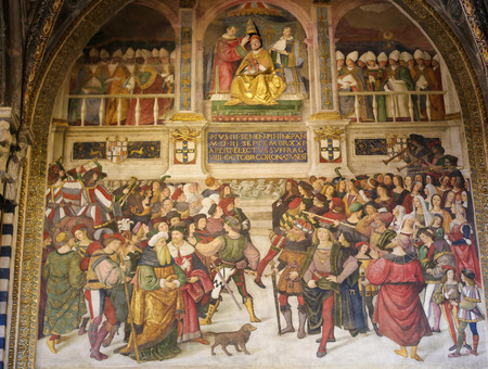 Frescoes (1502) in Piccolomini Library in Siena Cathedral, Tuscany, Italy, by Pinturicchio depicting a scene in the Life of Pope Pius IIのeditorial素材