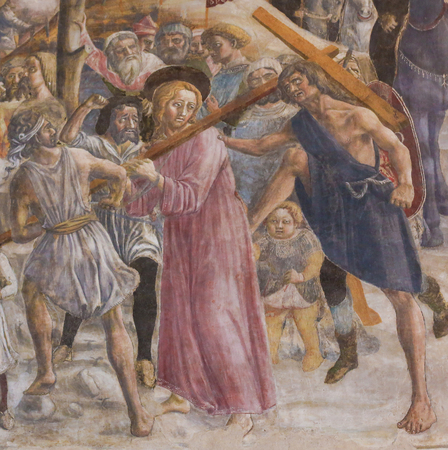 Fresco, created in 1450 by Vecchietta, of Jesus on the Road to Calvary in the Siena Baptistery of San Giovanni at the Cathedral of Siena, Tuscany, Italy.のeditorial素材