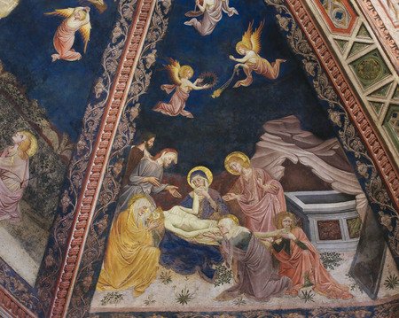 Fresco (1450) by Vecchietta in the Siena Baptistery of San Giovanni at the Cathedral of Siena, depicting Jesus mourned by Mary, John, Mary Magdalenのeditorial素材