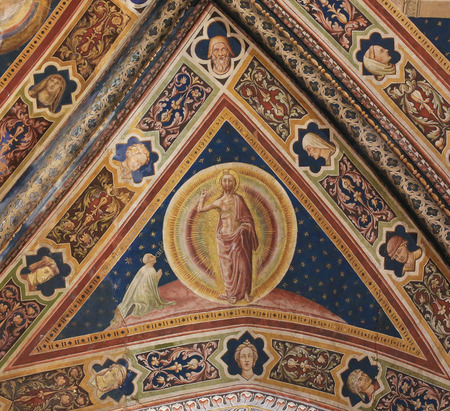 Fresco of Jesus Christ created in 1450 by the Renaissance artist Vecchietta in the Siena Baptistery of San Giovanni at the Cathedral of Siena, Tuscany, Italy.のeditorial素材