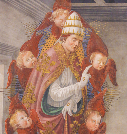 Fresco (1478) depicting Saint Gregory the Great, supported by red-winged cherubim, in the Collegiata of San Gimignano, Italy.のeditorial素材
