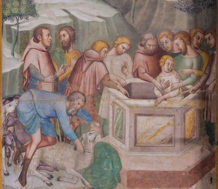 Renaissance Fresco depicting Joseph cast into the well by his brothers, in the Collegiata of San Gimignano, Italy.のeditorial素材