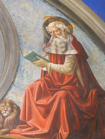 Renaissance Fresco depicting Saint Jerome in the Collegiata or Collegiate Church of San Gimignano, Italy.のeditorial素材