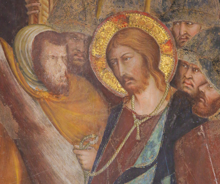 Renaissance Fresco depicting Jesus brought before Pontius Pilate on Good Friday in the Collegiata of San Gimignano, Italy.のeditorial素材