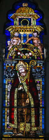 Sixteenth Century Stained Glass Window in the Basilica of San Petronio, Bologna, Emilia Romagna, Italy, of Saint Nicholas of Bariのeditorial素材