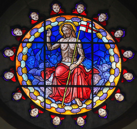 Stained Glass in the Basilica of San Petronio, Bologna, Emilia Romagna, Italy, depicting Jesus Christ in Heavenのeditorial素材