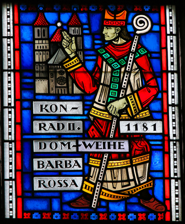 Stained Glass in Wormser Dom in Worms, Germany, depicting Konrad II von Sternberg, the Bishop who ordered the Construction of the Dom of Wormsのeditorial素材