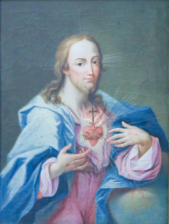 Baroque Painting of the Sacred Heart of Jesus Christ in Saint Mang Basilica in Fussen, Bavaria, Germany.のeditorial素材