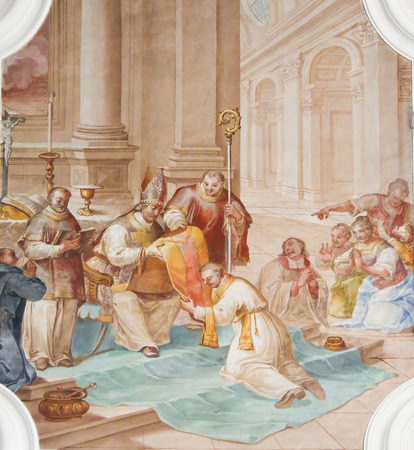 Fresco depicting the Ordination of Saint Magnus of Fussen, Saint Mang, in the Basilica of Fussen, Bavaria, Germany.のeditorial素材