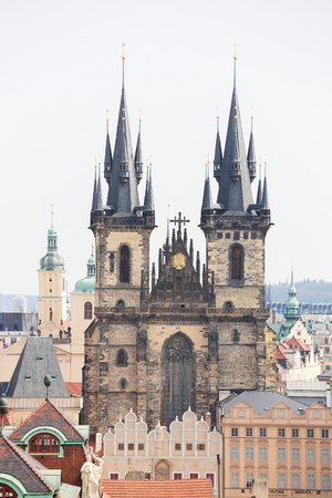 View on the historic center of Prague, Czech Republic, with the twin towers of the Church of Our Lady before Tyn.の写真素材