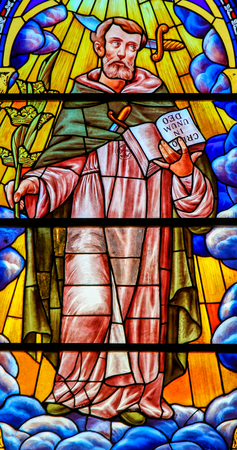 Stained Glass in the 13th Century Church of San Nicolas or Saint Nicholas in Valencia, depicting St Peter the Martyrのeditorial素材