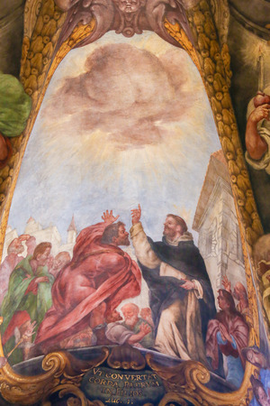 Baroque Fresco in Church of Saint Nicholas an Valencia, Spain, depicting St Peter Martyr or Peter of Verona miraculously procuring shade for his listenersのeditorial素材
