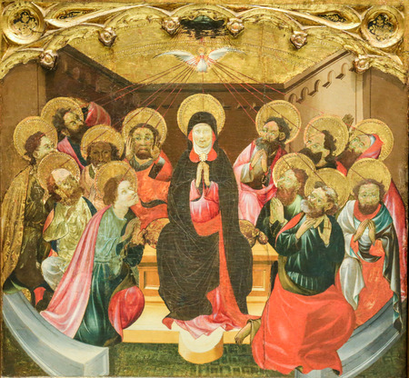 Medieval Retable in Valencia, Spain, depicting Mother Mary and the Apostles at Pentecostのeditorial素材