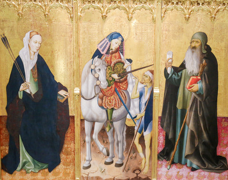 Medieval Retable depicting Christian Saints Ursula, Martin of Tours and Anthony the Great in Valencia, Spainのeditorial素材