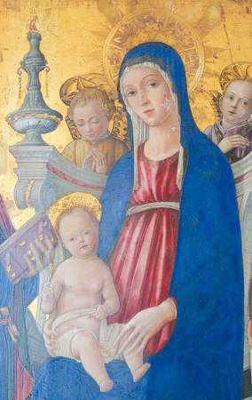 Painting in the Cathedral of Pienza, Italy, depicting Mother Mary and the Baby Jesusのeditorial素材