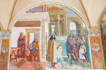 Fresco in the Monastry of Monte Oliveto Maggiore, near Siena, Tuscany, Italy, depicting a Scene in the Life of St Benedict: Benedict Repairs a Broken Colander through Prayerのeditorial素材