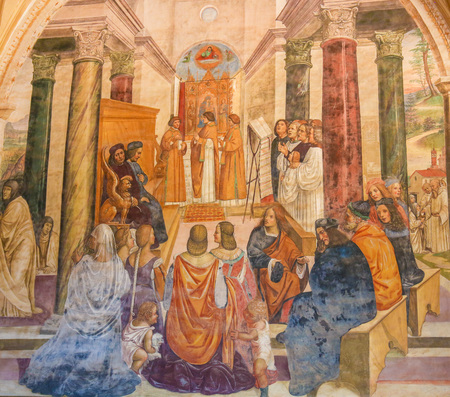 Fresco in the Monastry of Monte Oliveto Maggiore, near Siena, Tuscany, Italy, depicting Saint Benedict Giving Posthumous Absolution to Two Nunsのeditorial素材