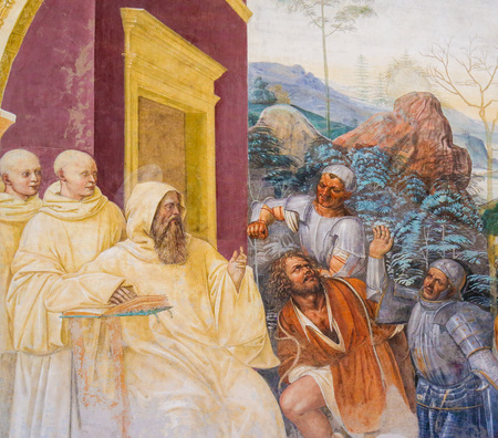 Fresco in the Monastry of Monte Oliveto Maggiore, near Siena, Tuscany, Italy, depicting a Scene in the Life of St Benedictのeditorial素材
