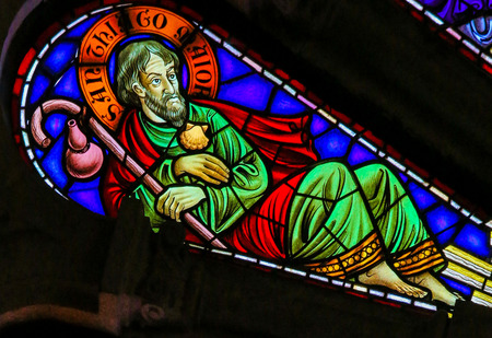 Stained glass window depicting Saint James or Jacob the Greater in the church of Viana do Castelo, Portugal.のeditorial素材