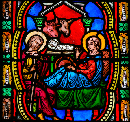 Stained Glass in the Cathedral of Monaco depicting a Nativity Scene at Christmasの写真素材