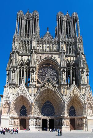 Reims Cathedral in the Champagne region, France, a famous High Gothic Catholic church that receives over a million tourists per year.のeditorial素材