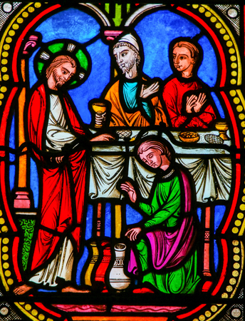 Stained Glass in the Cathedral of Monaco, depicting the transformation of water into wine at the Marriage at Cana, Jesus' first miracle in the Gospel of Johnの写真素材