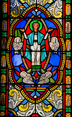 Stained Glass in the Cathedral of Monaco, depicting The Assumption of Mary into Heavenの写真素材