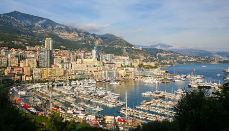 Skyline of Monaco, French Riviera, view from Le Rocher on Port Herculeのeditorial素材