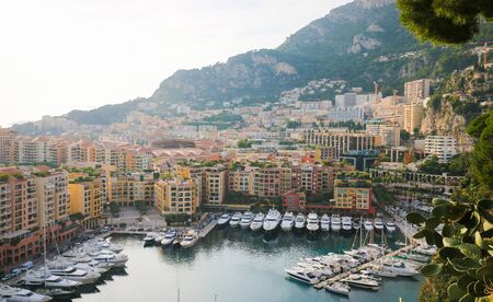 View from Le Rocher on the Marine Yacht Harbor in the Port of the Principality of Monaco, at the French Riveira.のeditorial素材