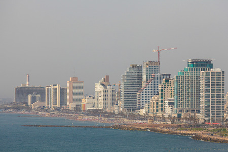 View on the skyline of Tel Aviv, Israel, by the Mediterranean Coast as seen from Jaffaの写真素材