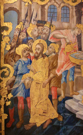 Greek Orthodox Fresco in the Church of the Holy Sepulchre in Jerusalem, depicting Jesus Christ brought before Pontius Pilate, washing his hands.の写真素材