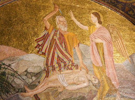Mosaic in the Church of the Holy Sepulchre in Jerusalem, Israel, depicting Abraham and the Binding of Isaacの写真素材
