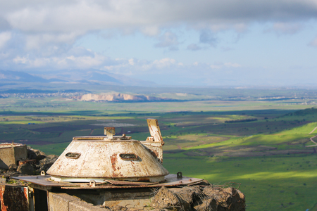 View from a bunker on the border area between Israel and Syria seen from the Golan Heights, Israel.の写真素材