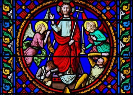 Stained Glass in the Chapel of Notre-Dame-des-flots (1857) in Sainte Adresse, Le Havre, France, depicting the Resurrection of Jesusの写真素材