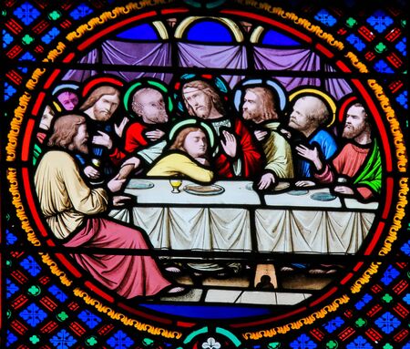 Stained Glass in the Chapel of Notre-Dame-des-flots (1857) in Sainte Adresse, Le Havre, France, depicting the Last Supper at Maundy Thursdayの写真素材