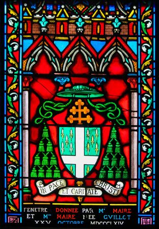 Stained Glass in the Chapel of Notre-Dame-des-flots (1857) in Sainte Adresse, Le Havre, France, depicting a Coat of Armsの写真素材
