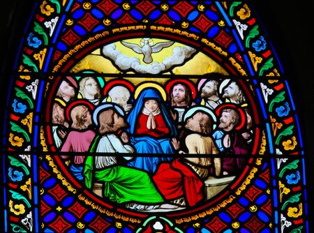 Stained Glass in the Chapel of Notre-Dame-des-flots (1857) in Sainte Adresse, Le Havre, France, depicting Pentecostの写真素材