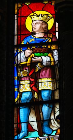 Stained Glass in the Chapel of Notre-Dame-des-flots (1857) in Sainte Adresse, Le Havre, France, depicting King Saint Louis of Franceの写真素材